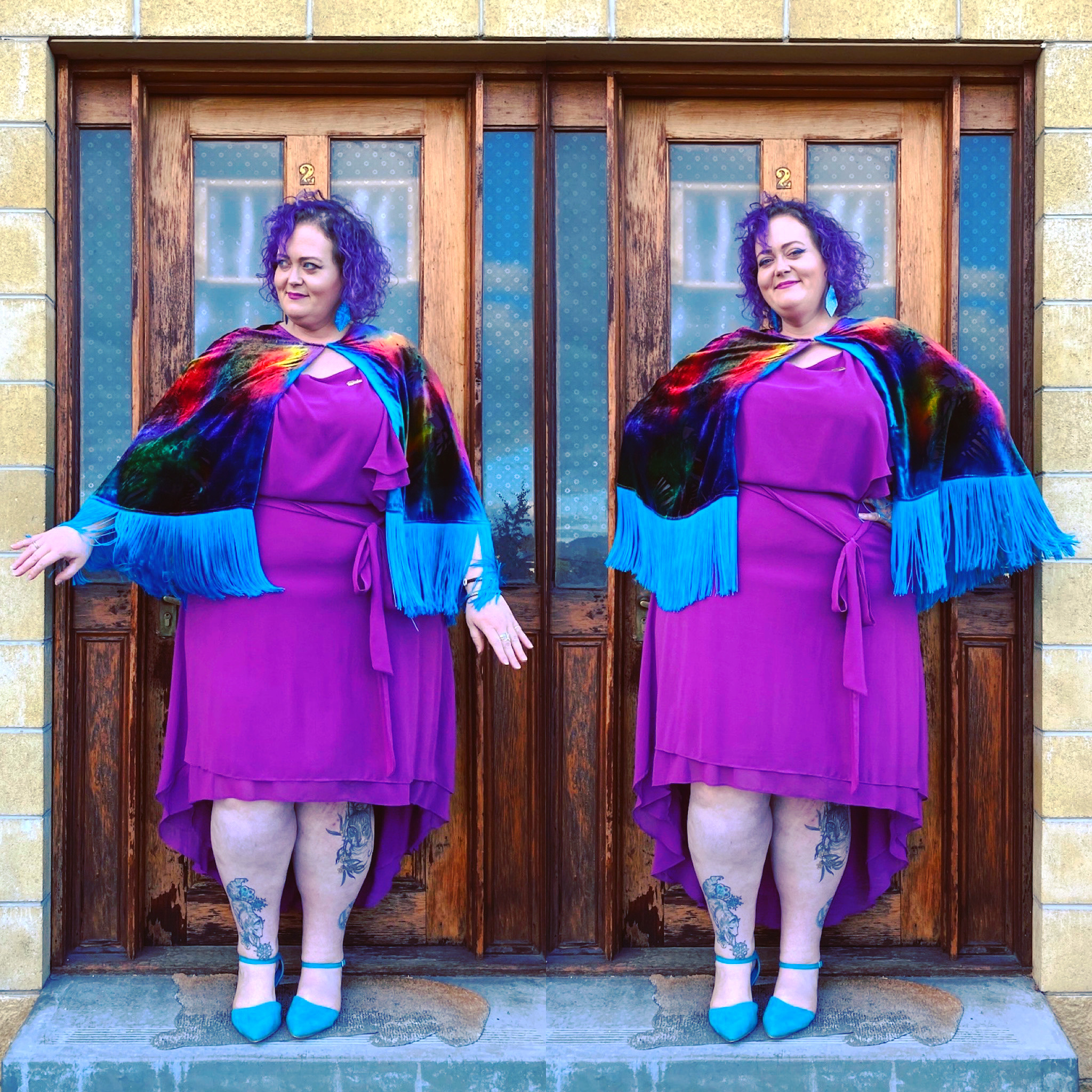 two side by side photos of fat woman with purple hair wearing a pink dress and a fabulous rainbow cape